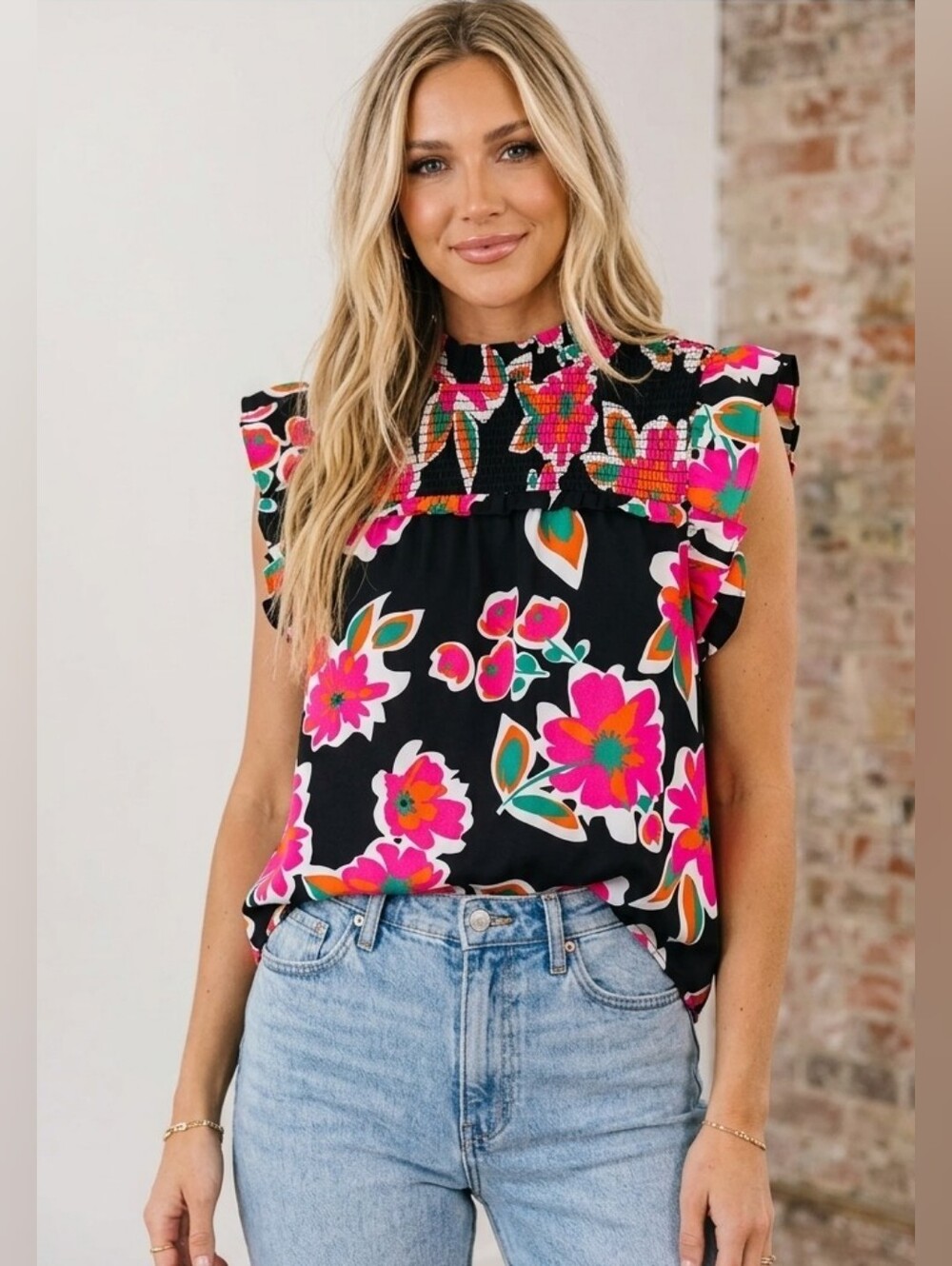 THML Black Floral Smocked Yoke Sleeveless Top - Pink & Green